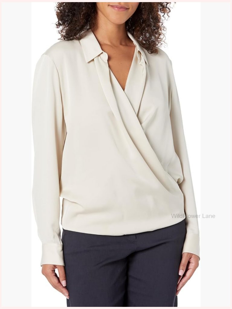 Long Sleeve Wrap Blouse With Collar And Cuffs
